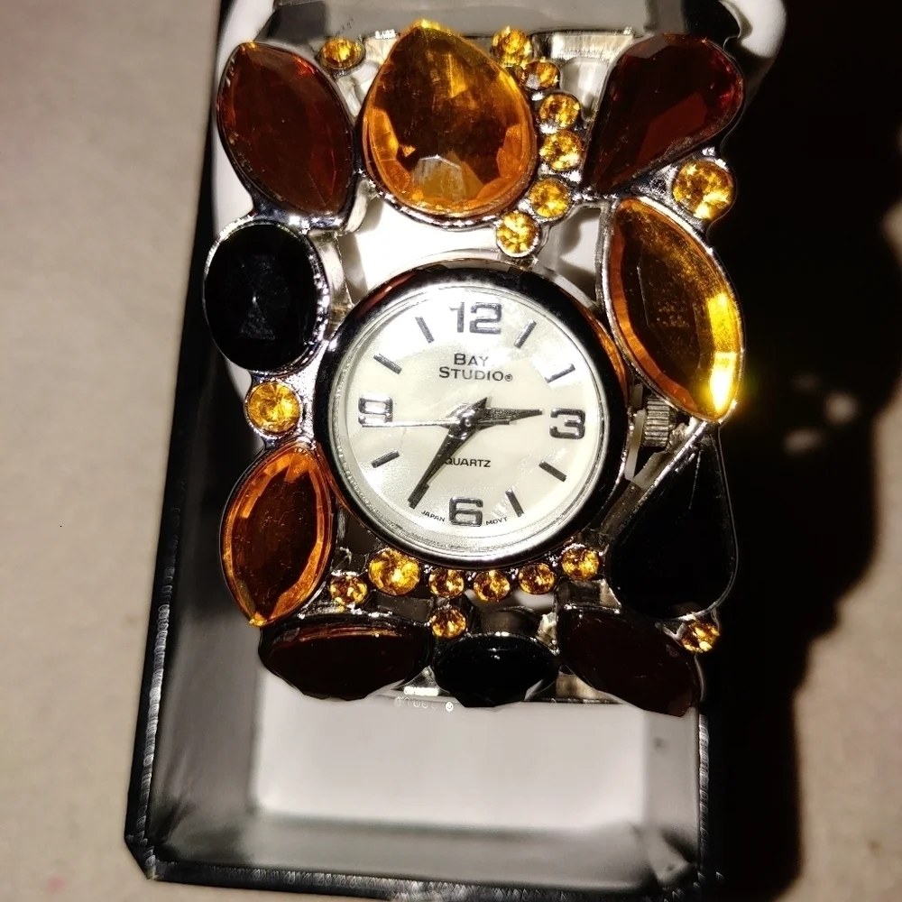 NEW MULTI GEMSTONE SILVER BANGLE QUARTZ WATCH